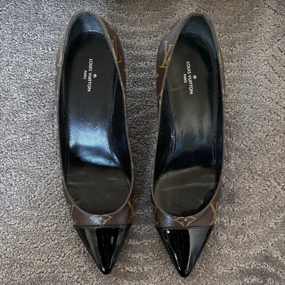 Louis Vuitton Fetish Monogram Kitten Heel Pumps Brown Pointed Cap Toe Size 38 - Picture 3 of 14
